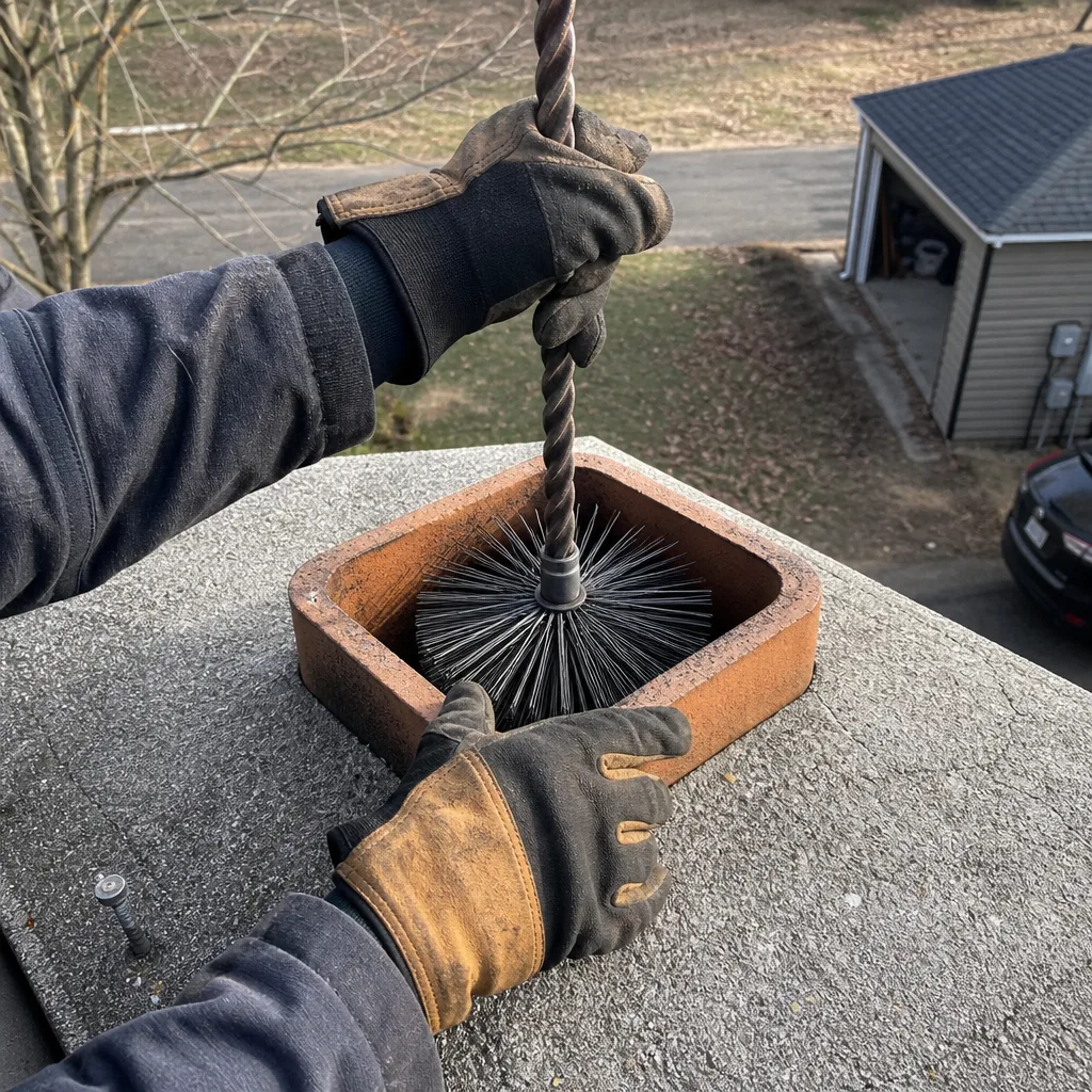 Professional chimney sweep cleaning a fireplace flue with a wire brush