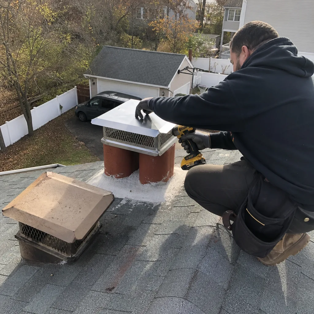 Professional technician installing a new metal chimney cap on a roof in Paterson, NJ