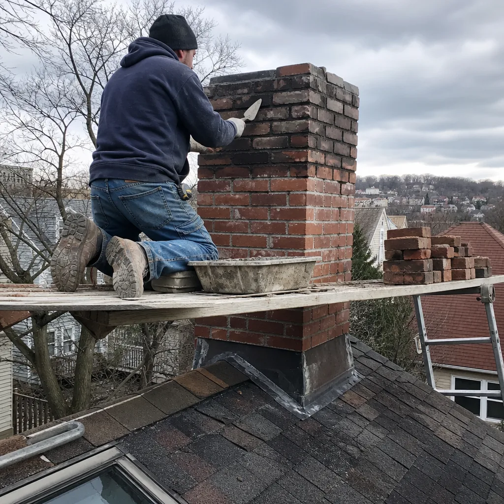 Mason performing professional chimney liner and brick rebuild work on a roof in Paterson, NJ